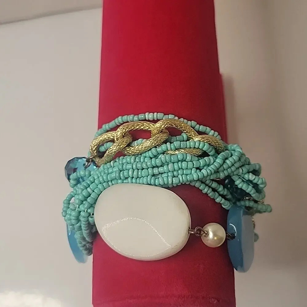 Aqua Beaded and Gold Tone Chain Layered Chunky Southwestern 7